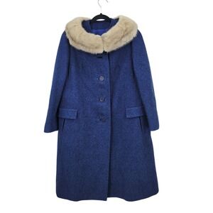 Vtg 50s 60s Blue Wool Coat Sx M Faux‎ Fur Collar Jackie O Old Money Evening Chic